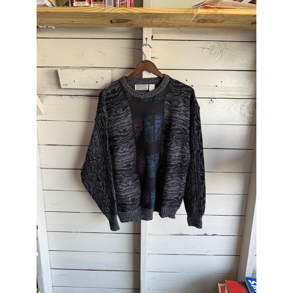 Vintage Method Mens XL Abstract Geometric Knit Sweater Wool Blend Black Grey 90s